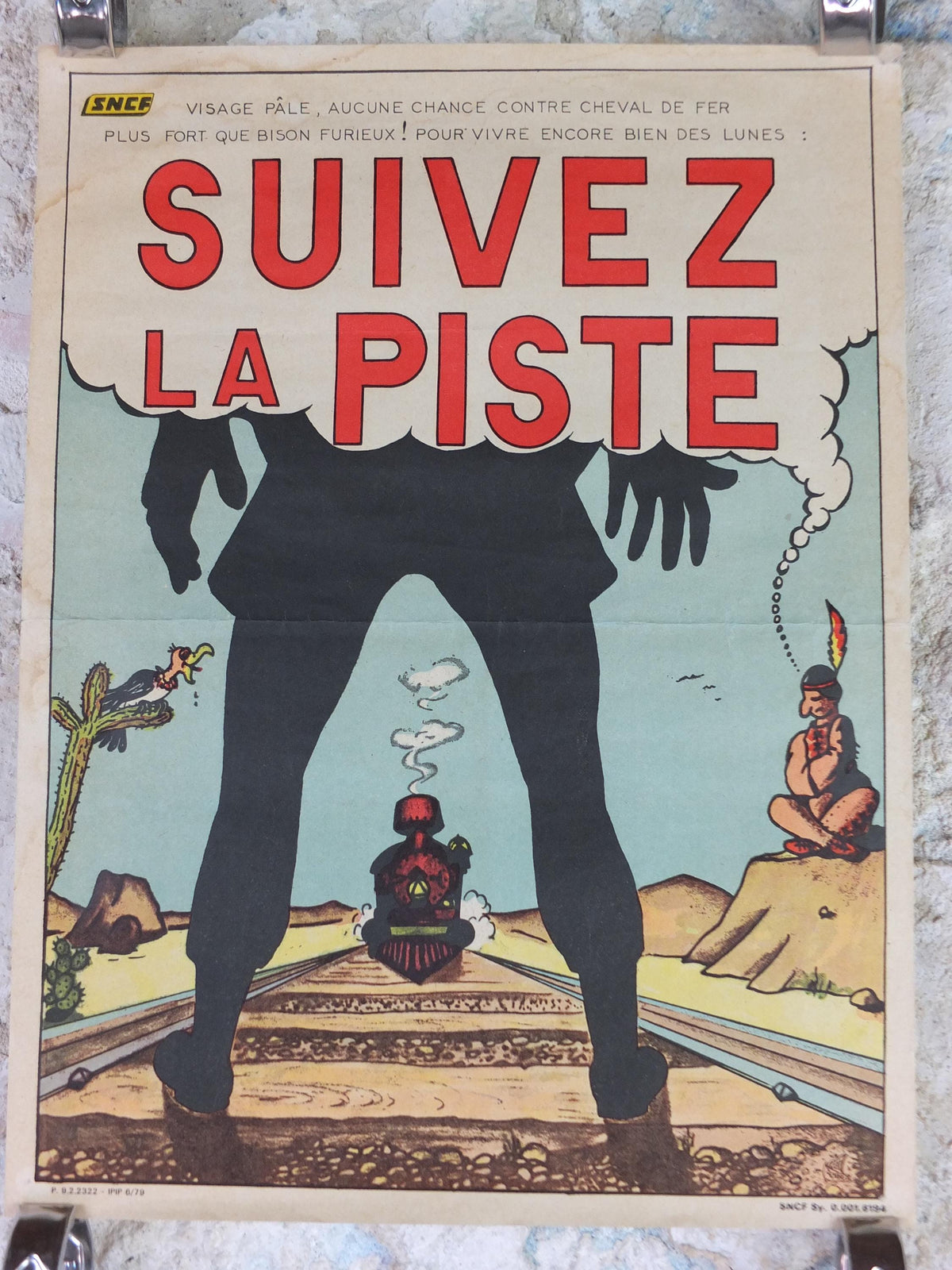 1950s SNCF rail safety poster, Follow the Track, Gunslinger Cowboy, industrial, train rail dangers, retro wall art decor