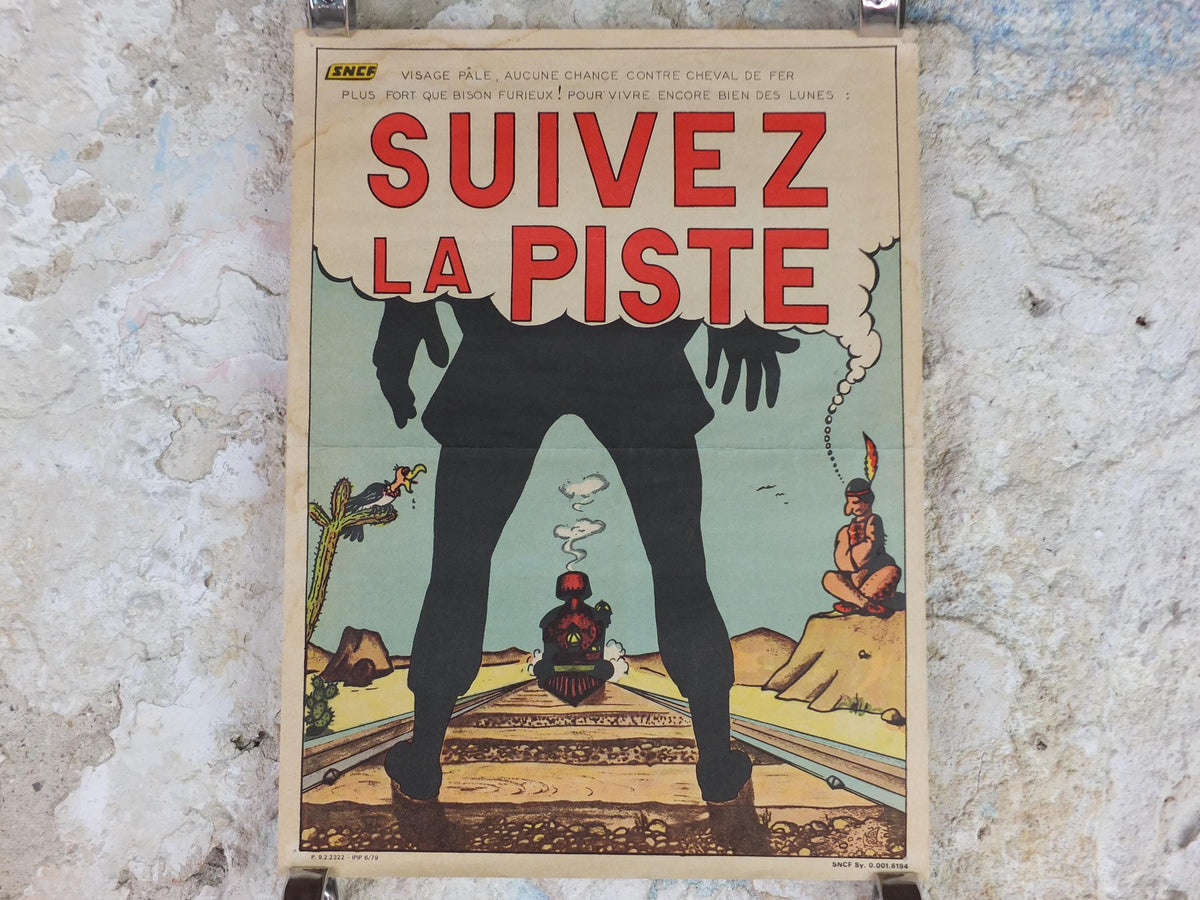 1950s SNCF rail safety poster, Follow the Track, Gunslinger Cowboy, industrial, train rail dangers, retro wall art decor