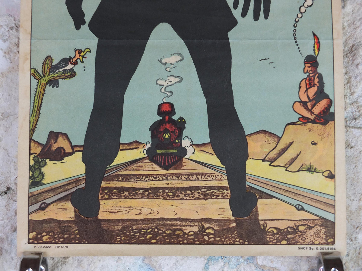 1950s SNCF rail safety poster, Follow the Track, Gunslinger Cowboy, industrial, train rail dangers, retro wall art decor