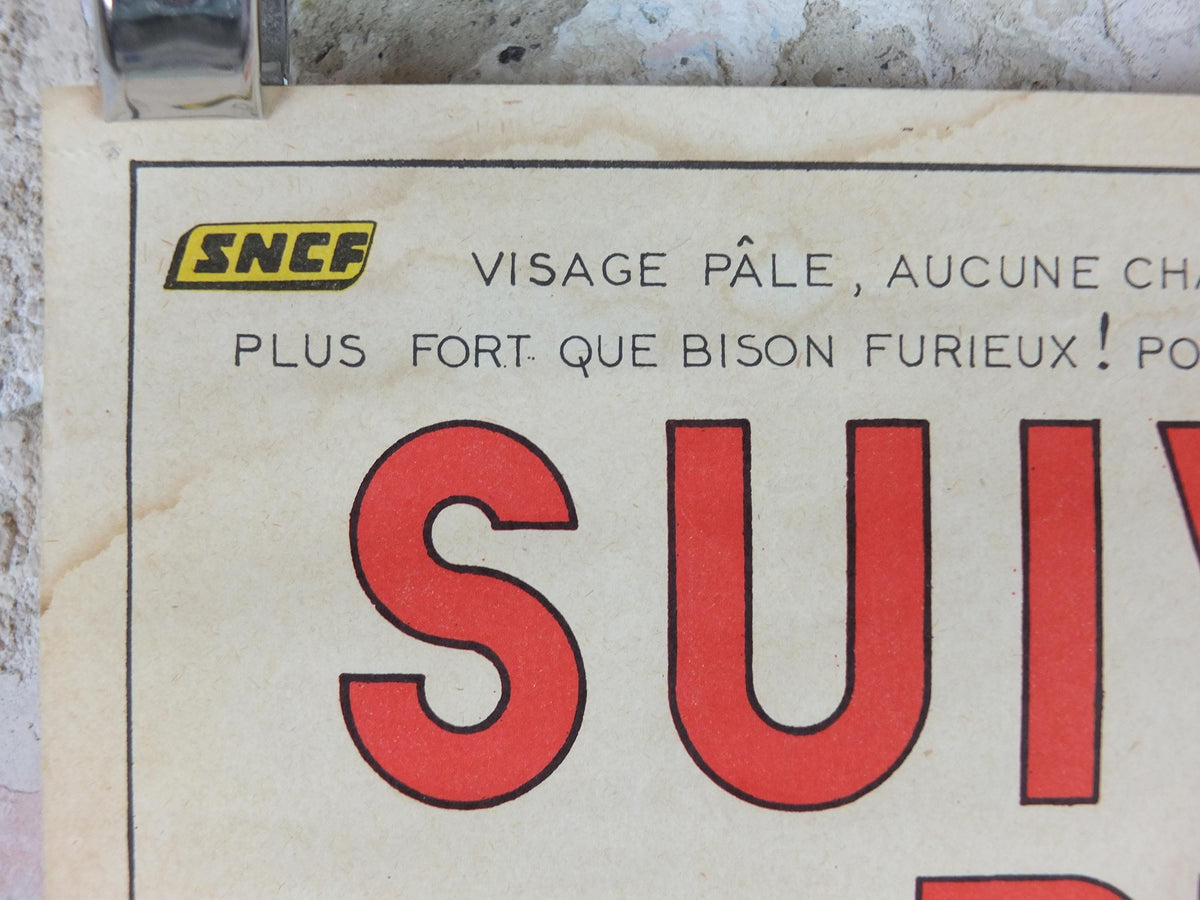 1950s SNCF rail safety poster, Follow the Track, Gunslinger Cowboy, industrial, train rail dangers, retro wall art decor