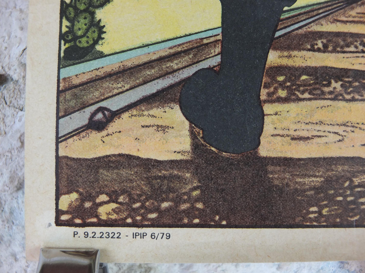 1950s SNCF rail safety poster, Follow the Track, Gunslinger Cowboy, industrial, train rail dangers, retro wall art decor