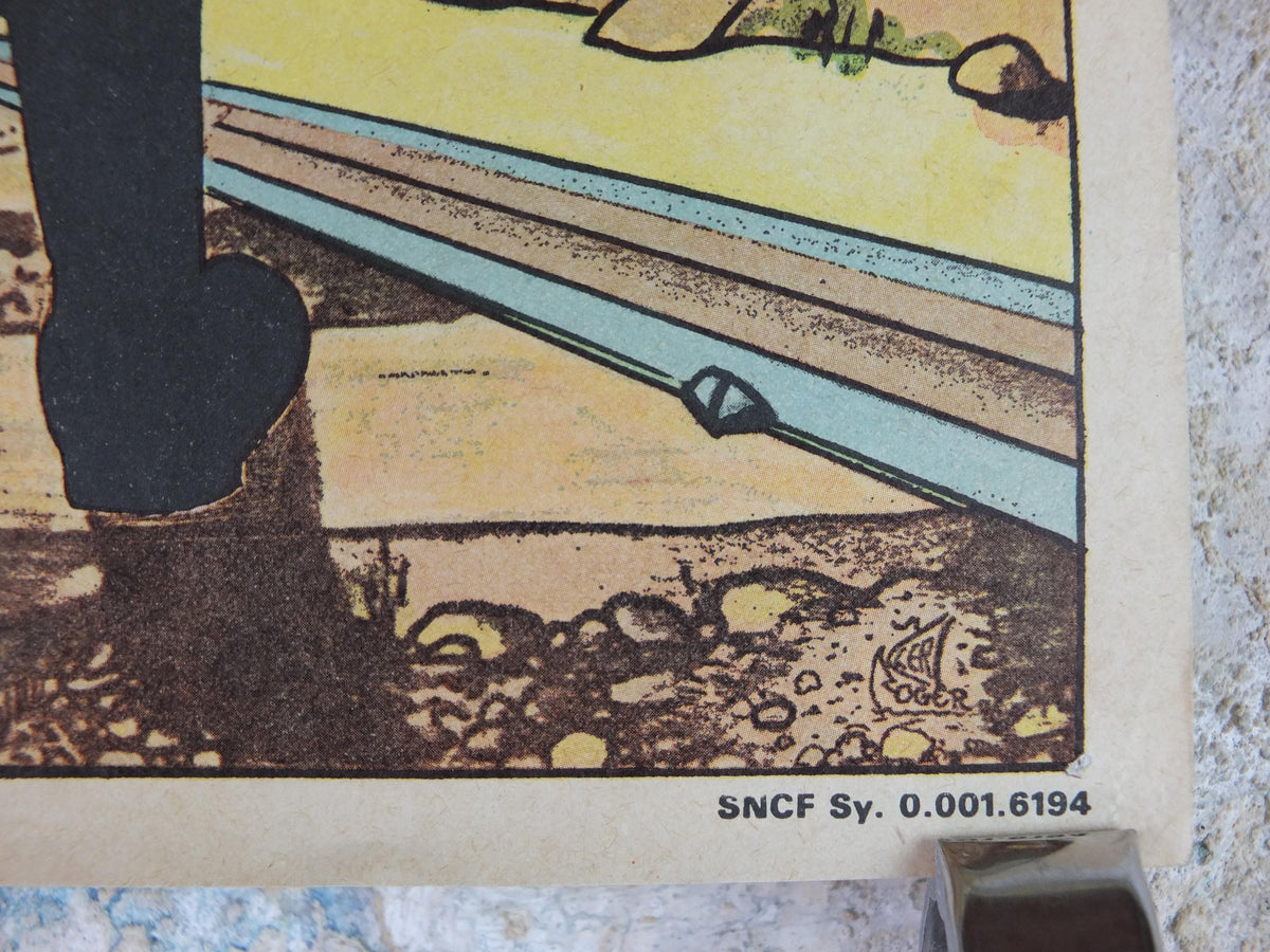 1950s SNCF rail safety poster, Follow the Track, Gunslinger Cowboy, industrial, train rail dangers, retro wall art decor