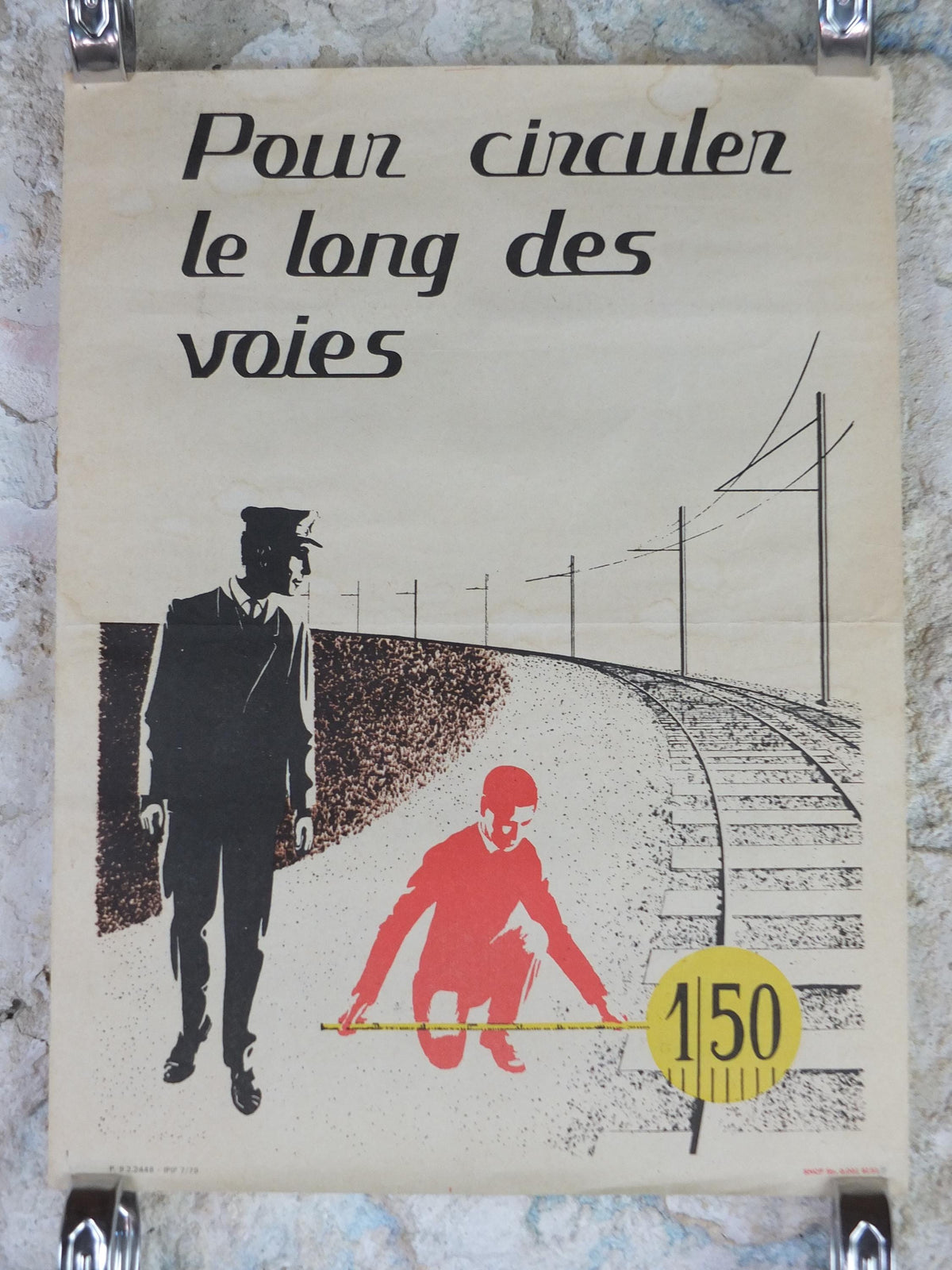 1950s SNCF rail safety poster, Be at least 150cm when you walk along the track, industrial, train rail dangers, retro wall art decor