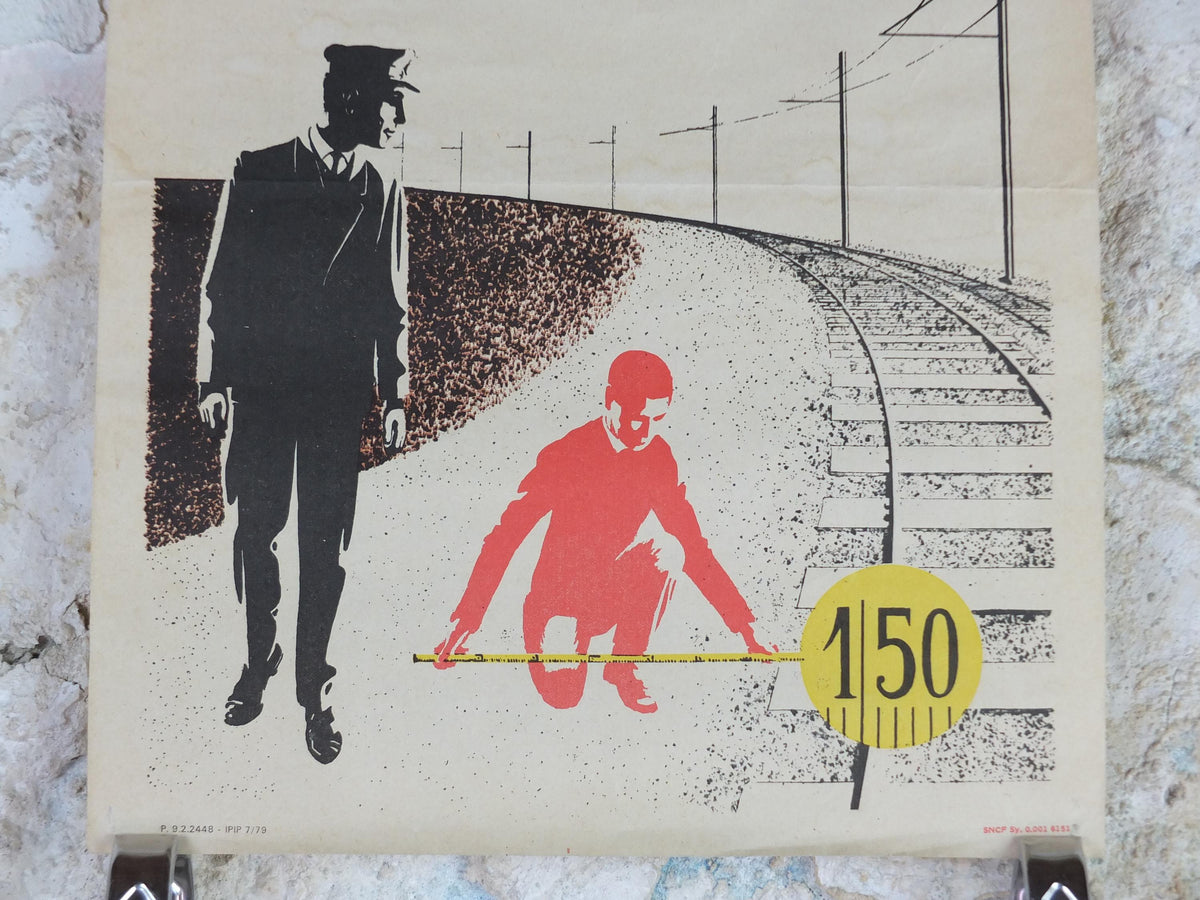 1950s SNCF rail safety poster, Be at least 150cm when you walk along the track, industrial, train rail dangers, retro wall art decor