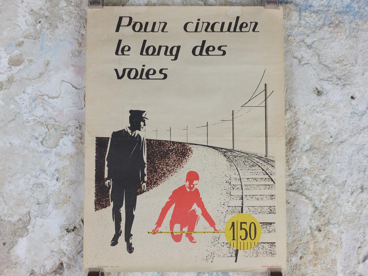 1950s SNCF rail safety poster, Be at least 150cm when you walk along the track, industrial, train rail dangers, retro wall art decor