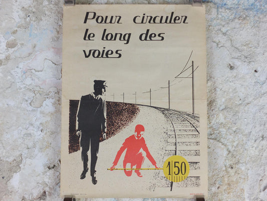 1950s SNCF rail safety poster, Be at least 150cm when you walk along the track, industrial, train rail dangers, retro wall art decor