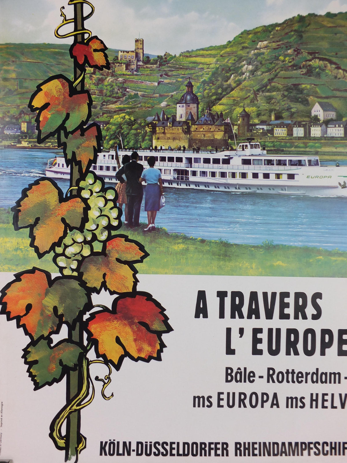 1950s Rhine Cruise Poster, From Basel to Rotterdam, Switzerland to Netherlands Cruise Company Advertising, travel tourism, wall art decor