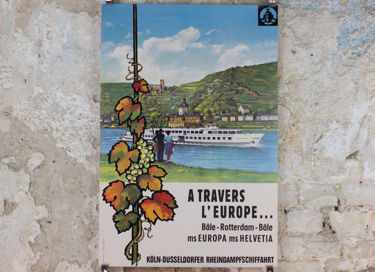 1950s Rhine Cruise Poster, From Basel to Rotterdam, Switzerland to Netherlands Cruise Company Advertising, travel tourism, wall art decor