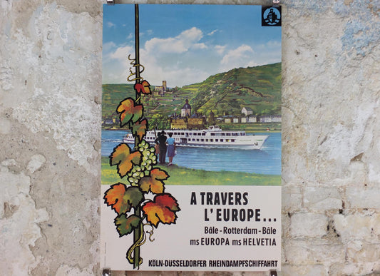 1950s Rhine Cruise Poster, From Basel to Rotterdam, Switzerland to Netherlands Cruise Company Advertising, travel tourism, wall art decor
