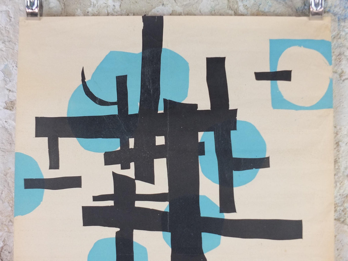 1959 Dortmund Abstract Poster, black lines and blue circles, Artists of Dortmund, Musee de Picardie, art gallery exhibition, wall art decor