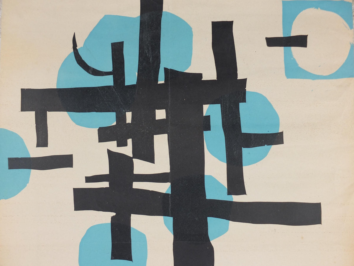 1959 Dortmund Abstract Poster, black lines and blue circles, Artists of Dortmund, Musee de Picardie, art gallery exhibition, wall art decor