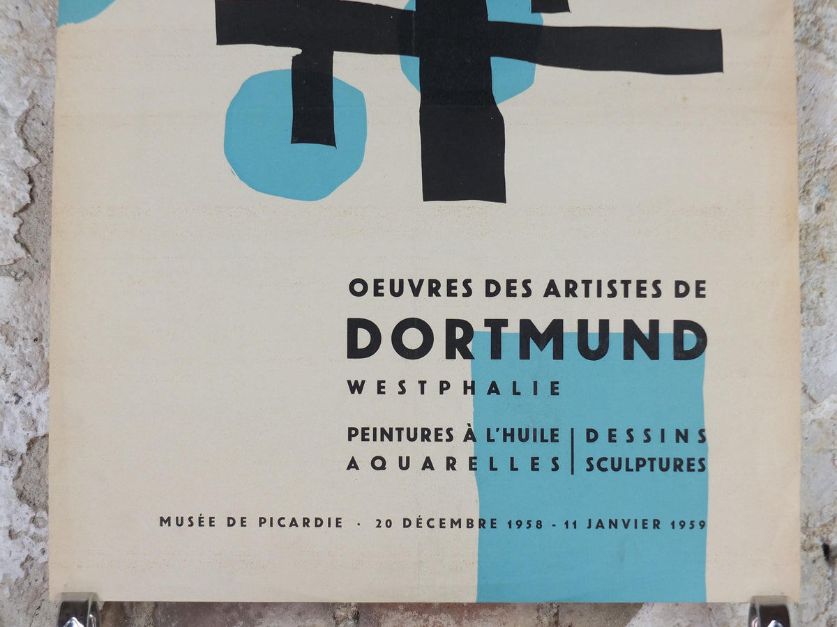 1959 Dortmund Abstract Poster, black lines and blue circles, Artists of Dortmund, Musee de Picardie, art gallery exhibition, wall art decor