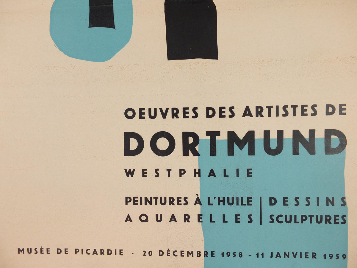 1959 Dortmund Abstract Poster, black lines and blue circles, Artists of Dortmund, Musee de Picardie, art gallery exhibition, wall art decor