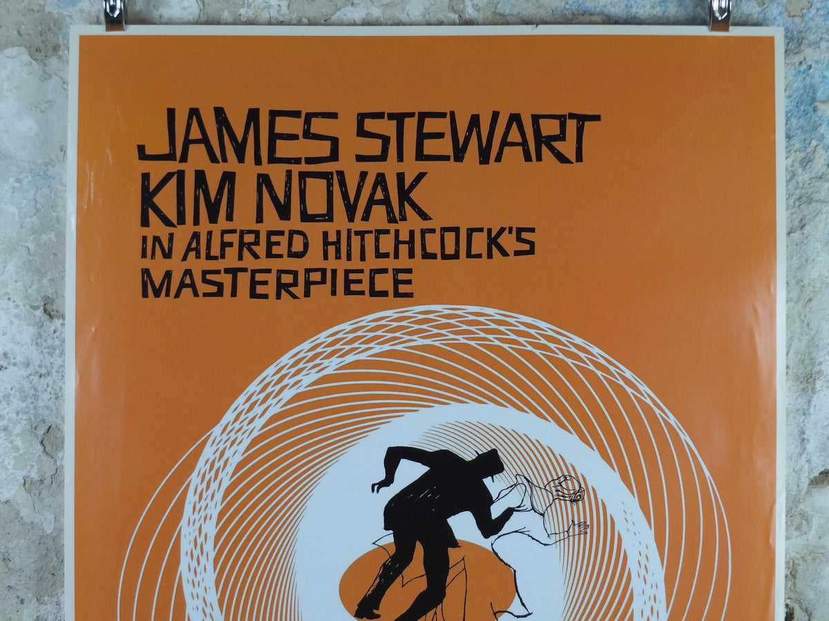 1985 Vertigo Movie Poster, Alfred Hitchcock, James Stewart & Kim Novak, orange wall art decor, cinema film memorabilia