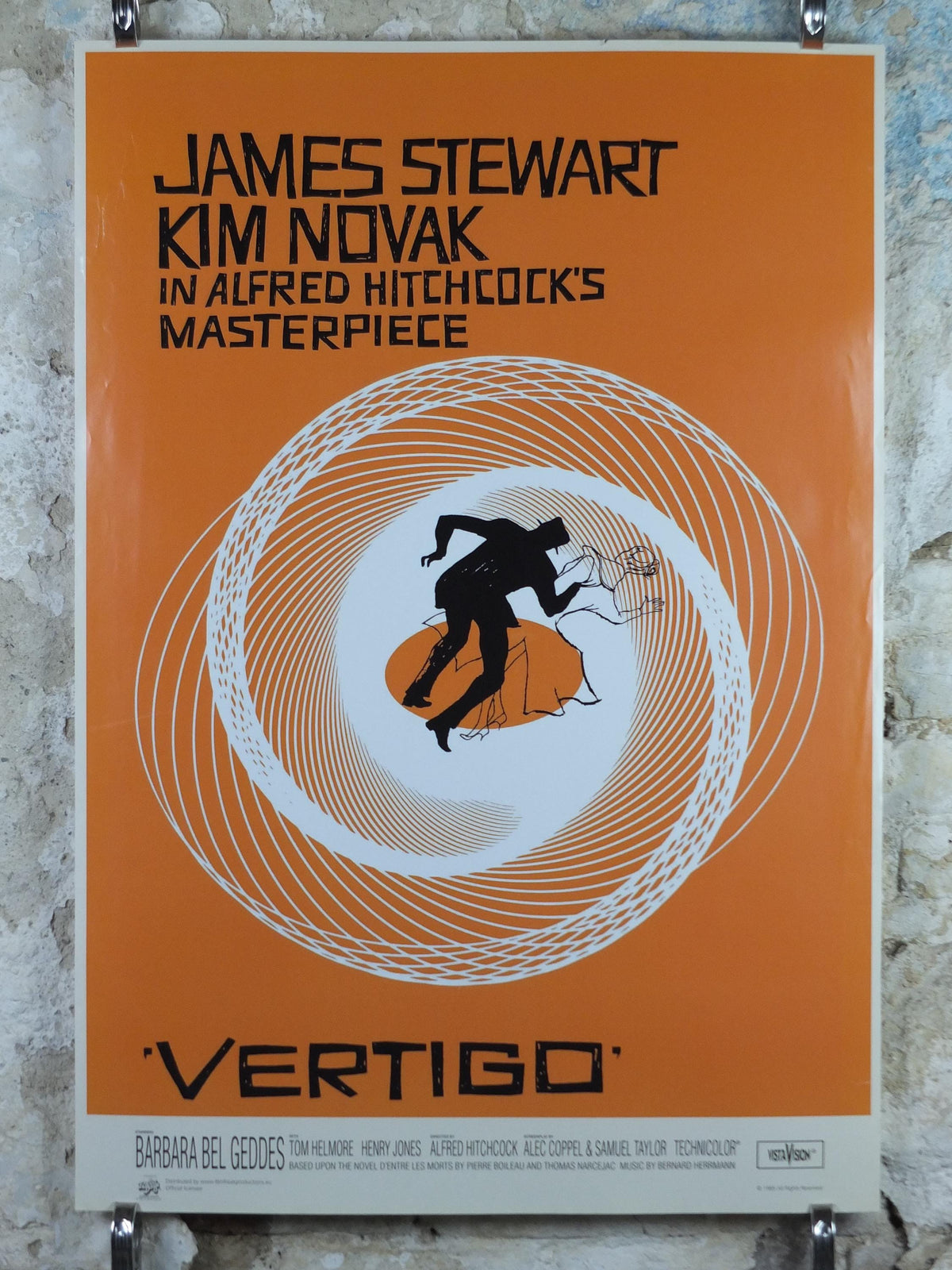 1985 Vertigo Movie Poster, Alfred Hitchcock, James Stewart & Kim Novak, orange wall art decor, cinema film memorabilia