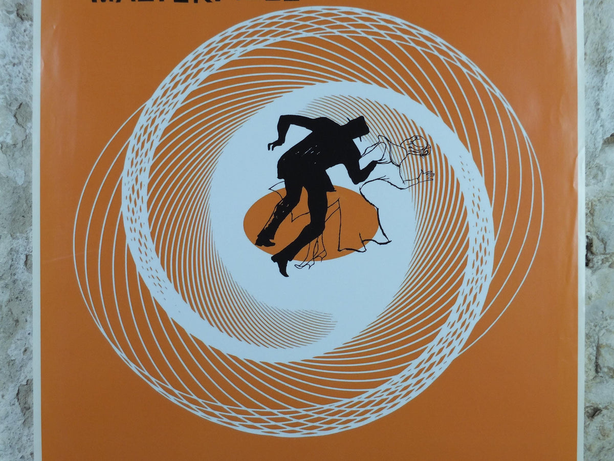 1985 Vertigo Movie Poster, Alfred Hitchcock, James Stewart & Kim Novak, orange wall art decor, cinema film memorabilia