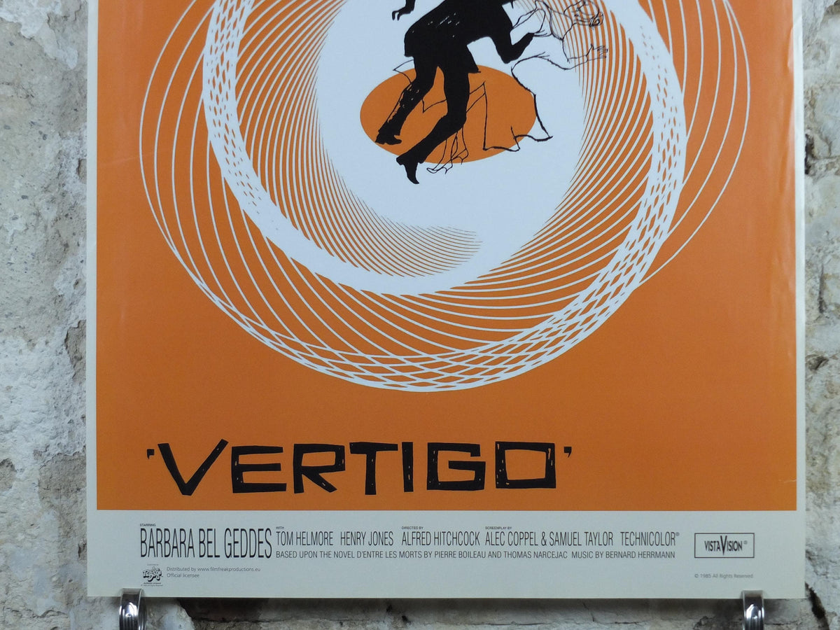 1985 Vertigo Movie Poster, Alfred Hitchcock, James Stewart & Kim Novak, orange wall art decor, cinema film memorabilia