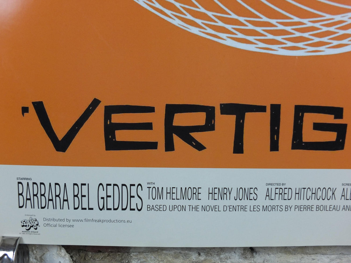 1985 Vertigo Movie Poster, Alfred Hitchcock, James Stewart & Kim Novak, orange wall art decor, cinema film memorabilia