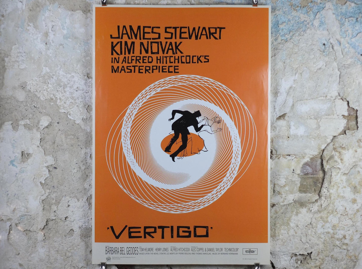 1985 Vertigo Movie Poster, Alfred Hitchcock, James Stewart & Kim Novak, orange wall art decor, cinema film memorabilia