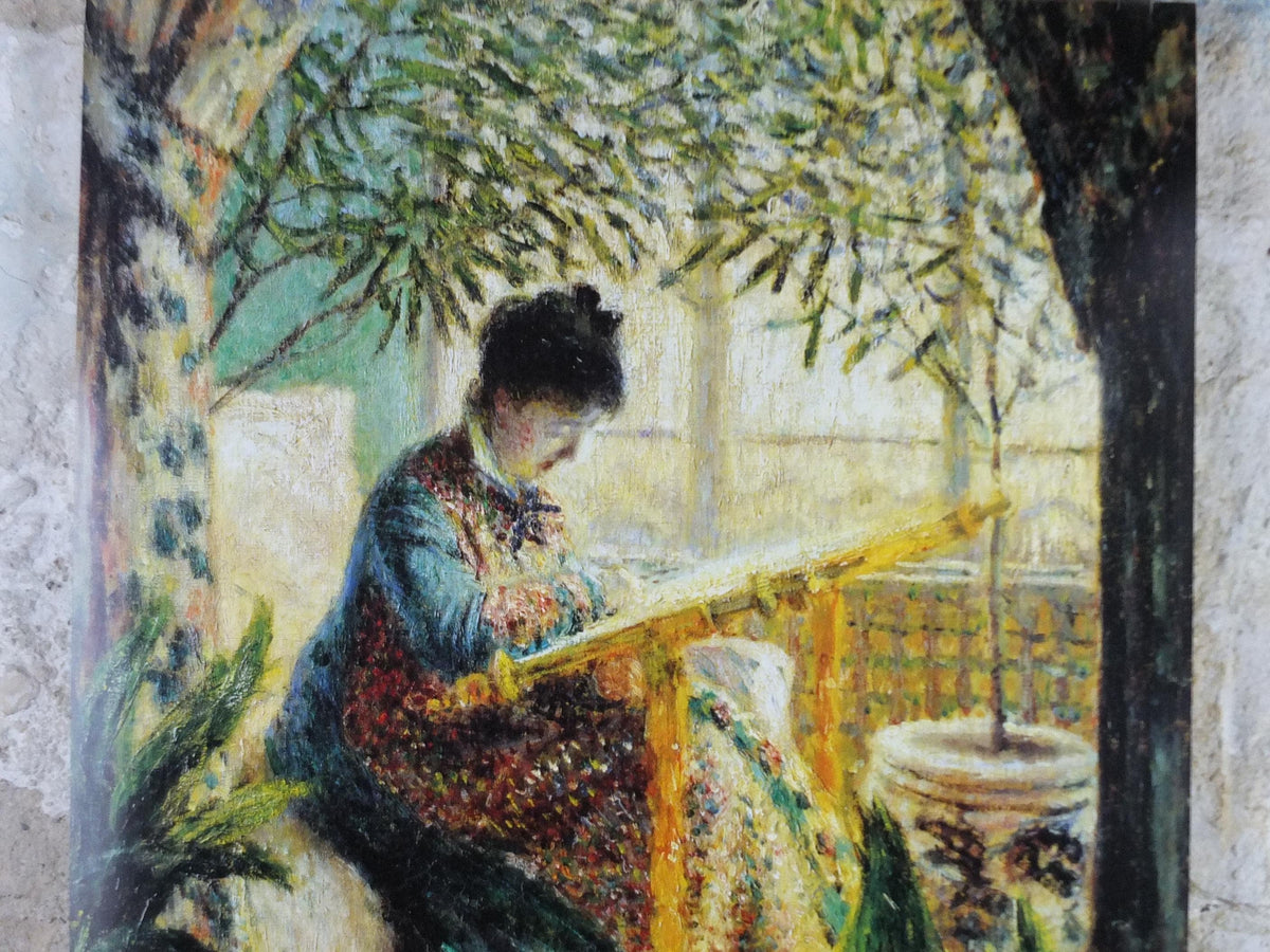 1994 Claude Monet Poster, Camille au metier 1875, Camille at work at tapestry, Impressionism, gallery exhibition, wall art decor