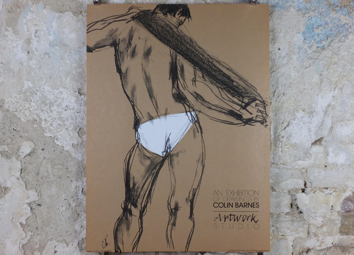 1981 Colin Barnes Poster, pants 1910, white underwear briefs pose, male form erotic nude, artist gallery exhibition wall art decor