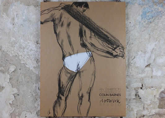 1981 Colin Barnes Poster, pants 1910, white underwear briefs pose, male form erotic nude, artist gallery exhibition wall art decor