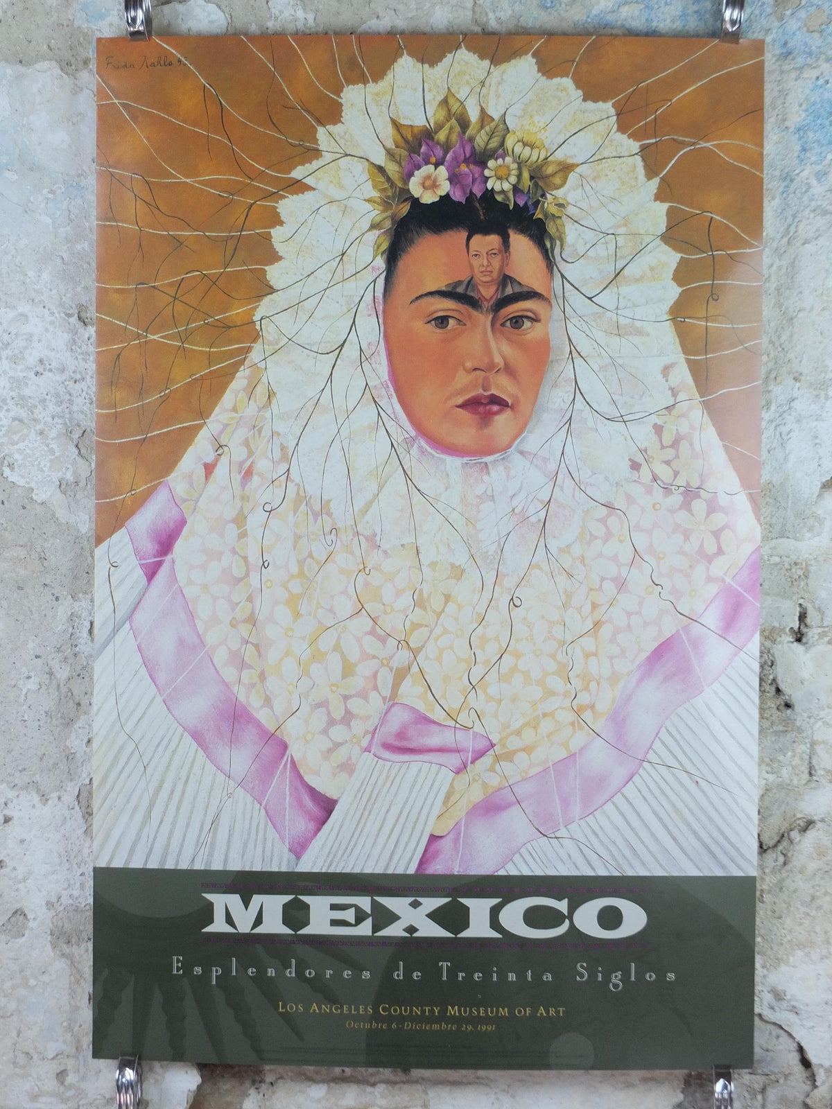 1991 Frida Kahlo Poster, "Self Portrait as a Tehuana" or "Diego in My Thoughts" 1943 self portrait with husband, Surrealism, wall art decor