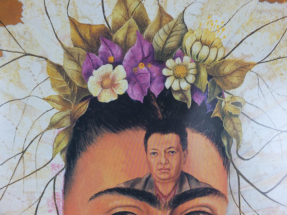 1991 Frida Kahlo Poster, "Self Portrait as a Tehuana" or "Diego in My Thoughts" 1943 self portrait with husband, Surrealism, wall art decor