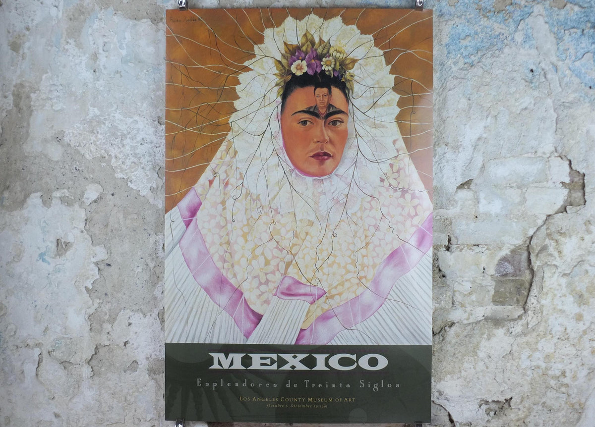 1991 Frida Kahlo Poster, "Self Portrait as a Tehuana" or "Diego in My Thoughts" 1943 self portrait with husband, Surrealism, wall art decor