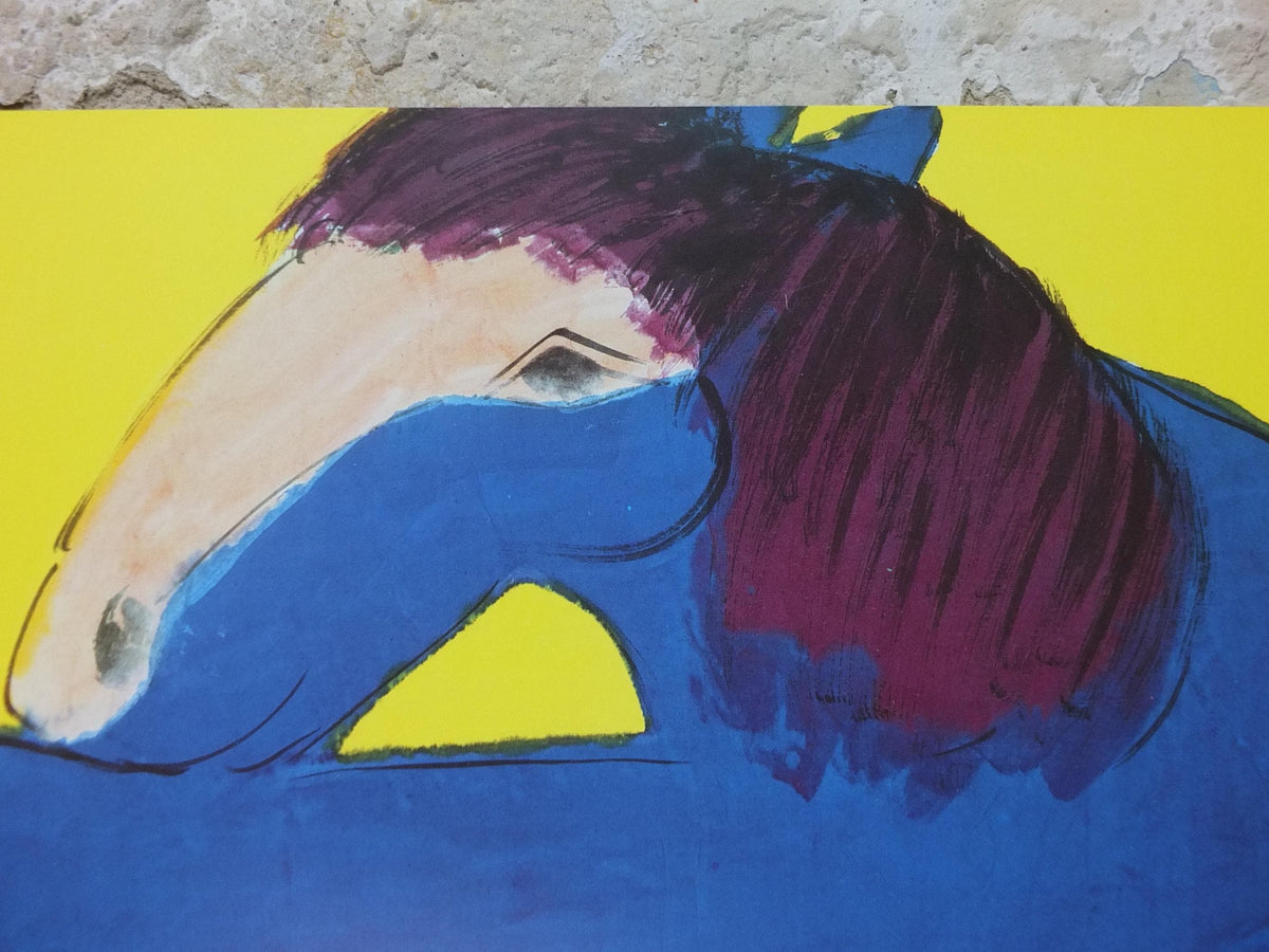 1990 Walasse Ting Poster, Blue Horse 1990, colourful popular figuratism, pop art, gallery exhibition, wall art decor
