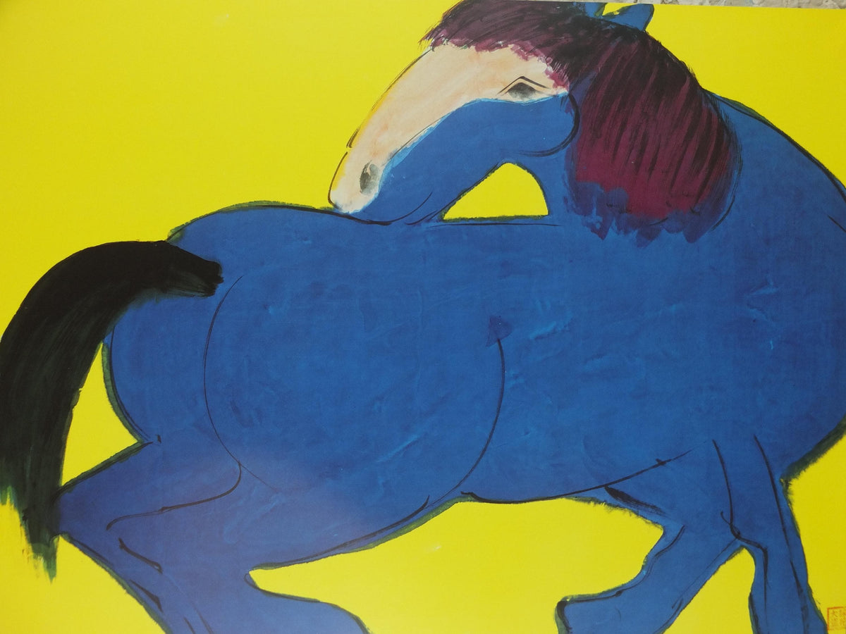 1990 Walasse Ting Poster, Blue Horse 1990, colourful popular figuratism, pop art, gallery exhibition, wall art decor