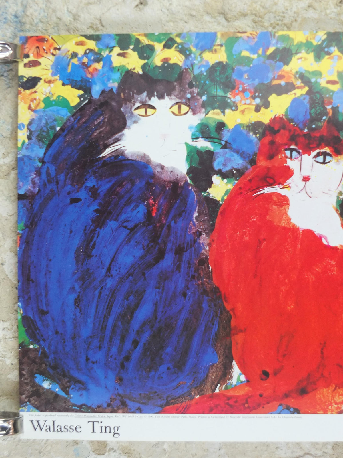 1990 Walasse Ting Poster, Three Cats 1990, blue cat, red cat, blue cat, colourful popular figuratism, pop art, gallery, wall art decor