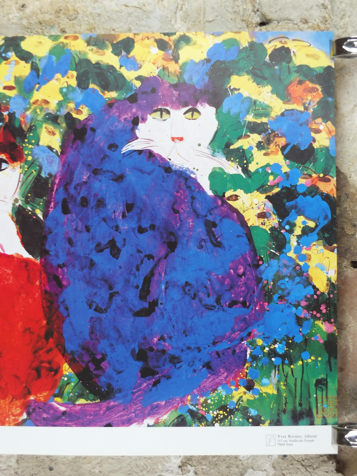 1990 Walasse Ting Poster, Three Cats 1990, blue cat, red cat, blue cat, colourful popular figuratism, pop art, gallery, wall art decor