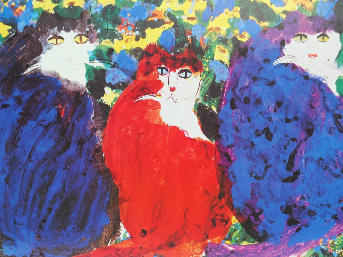 1990 Walasse Ting Poster, Three Cats 1990, blue cat, red cat, blue cat, colourful popular figuratism, pop art, gallery, wall art decor