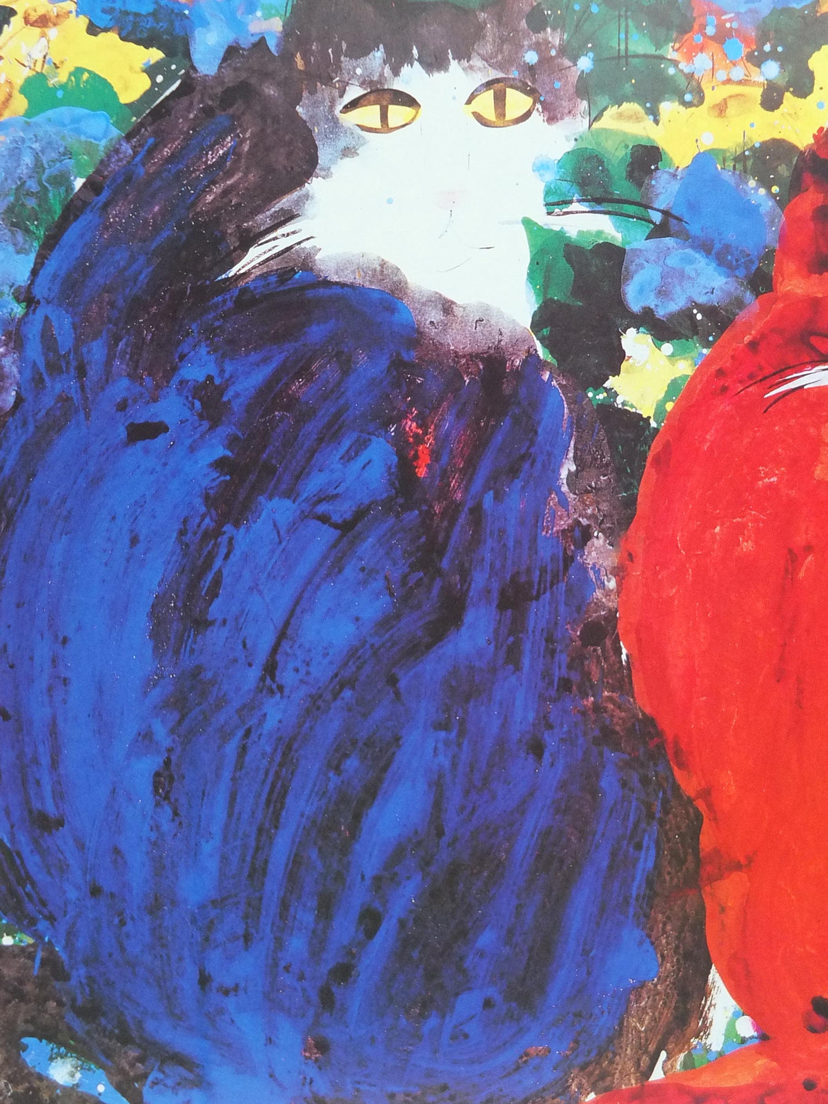 1990 Walasse Ting Poster, Three Cats 1990, blue cat, red cat, blue cat, colourful popular figuratism, pop art, gallery, wall art decor