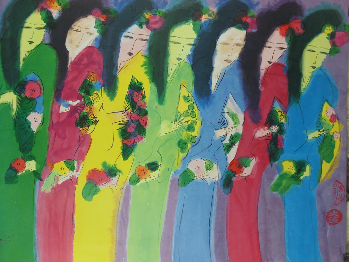 1988 Walasse Ting Poster, Seven Ladies with flowers and fans, colourful popular figuratism, pop art, gallery, wall art decor