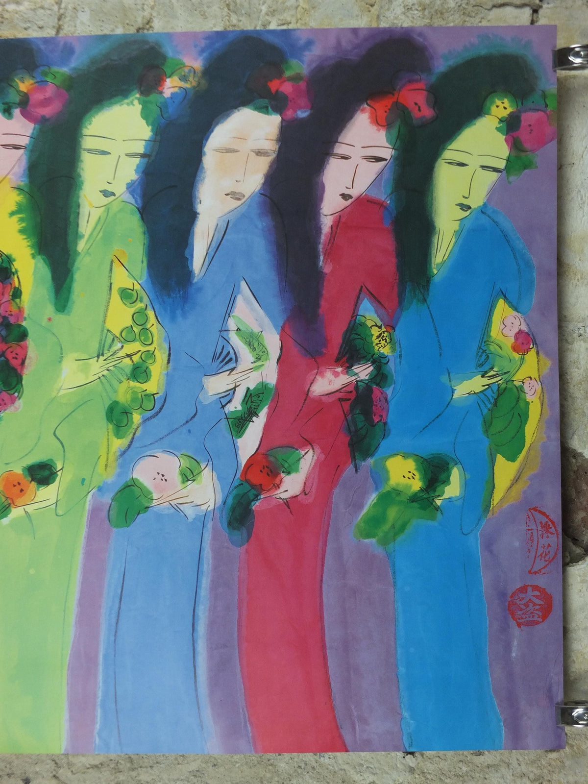 1988 Walasse Ting Poster, Seven Ladies with flowers and fans, colourful popular figuratism, pop art, gallery, wall art decor