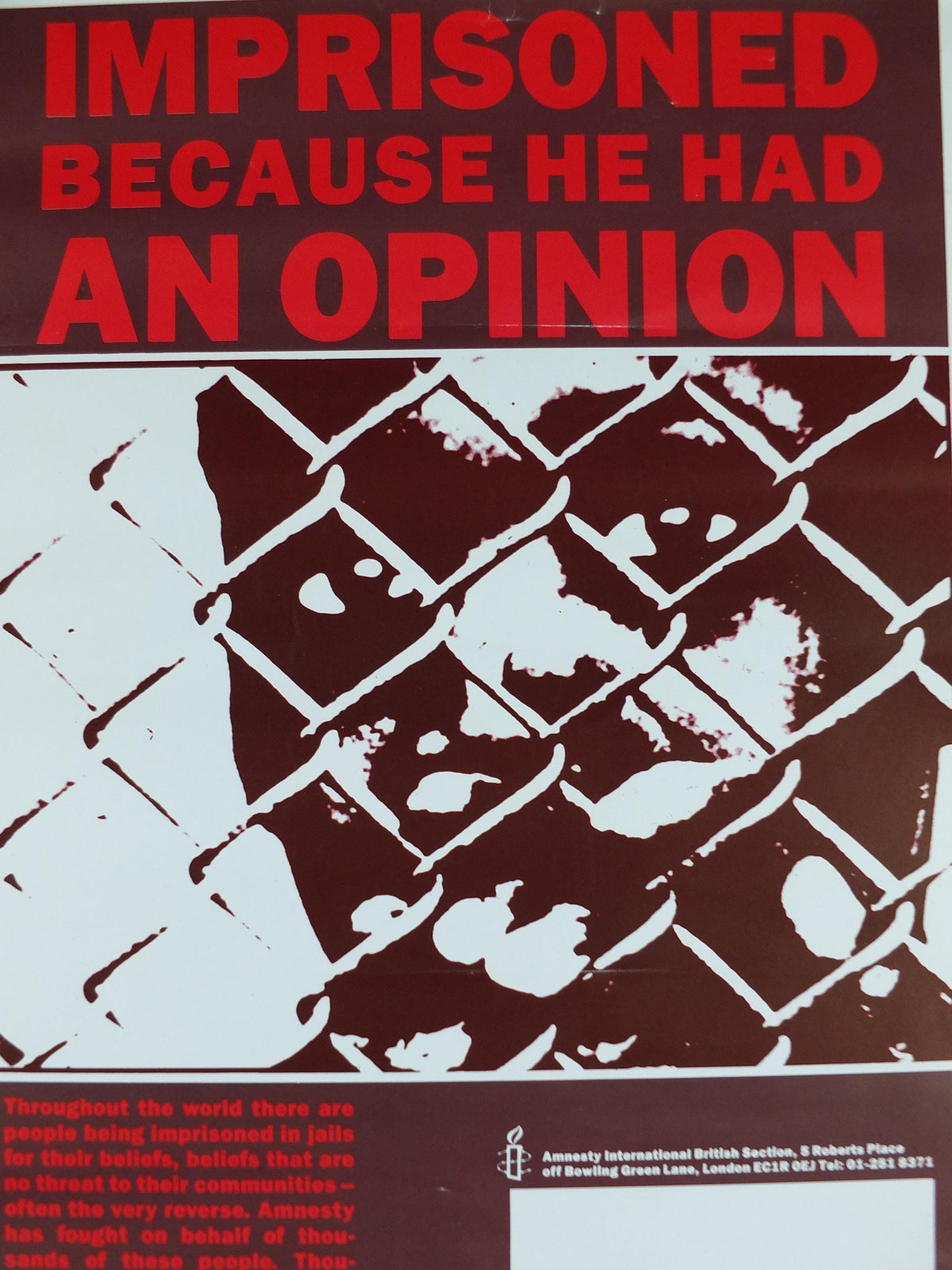 1980s Amnesty International Poster, Imprisoned because he had an opinion, Human Rights, wall art decor