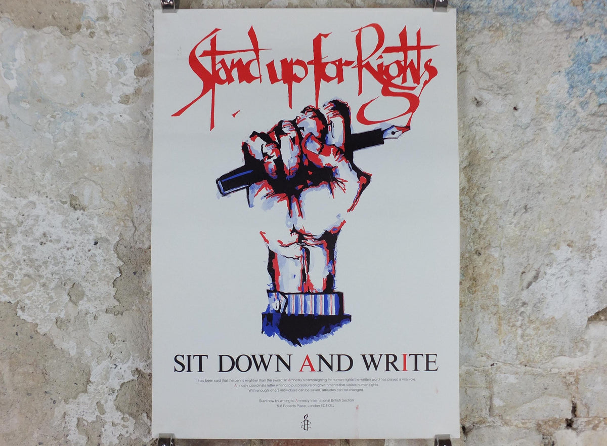 1980s Amnesty International Poster, Stand up for Rights, Sit Down and Write, Pen and Fist, Human Rights, wall art decor