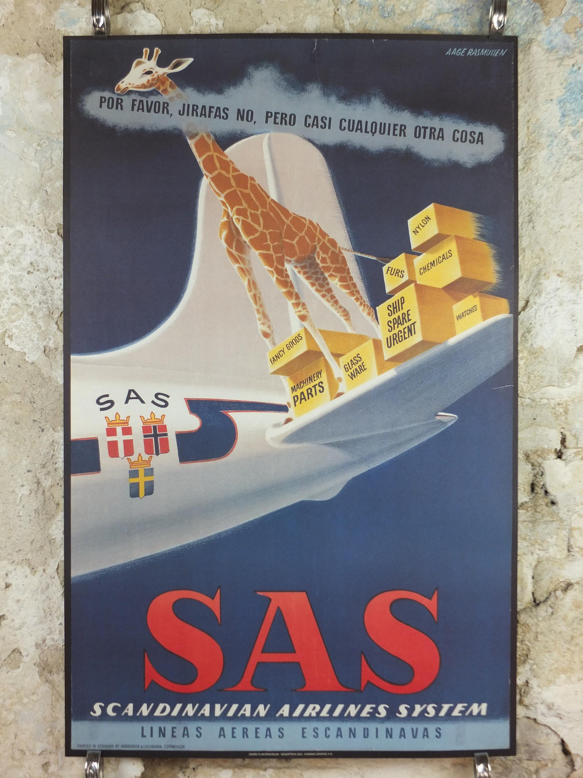 2004 SAS No Giraffes Please Poster, Scandinavian Airlines, by Aage Rasmussen, mid-century airline advertising, wall art decor