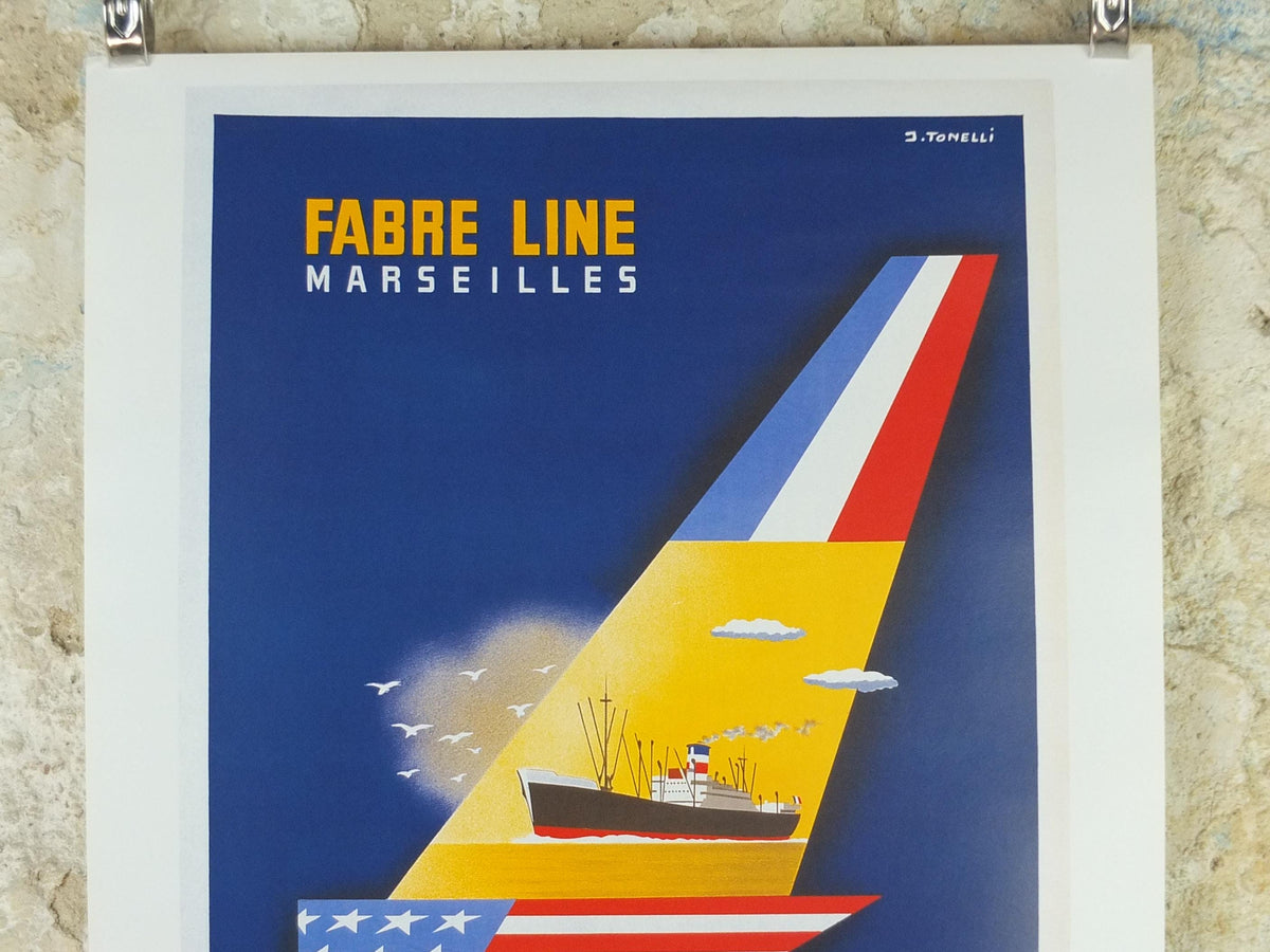 1997 Mediterranean Cruise Travel Poster, France to New York by J Tonelli, Europe, Fabre Line Marsellies, Cruise Advertising, wall art decor