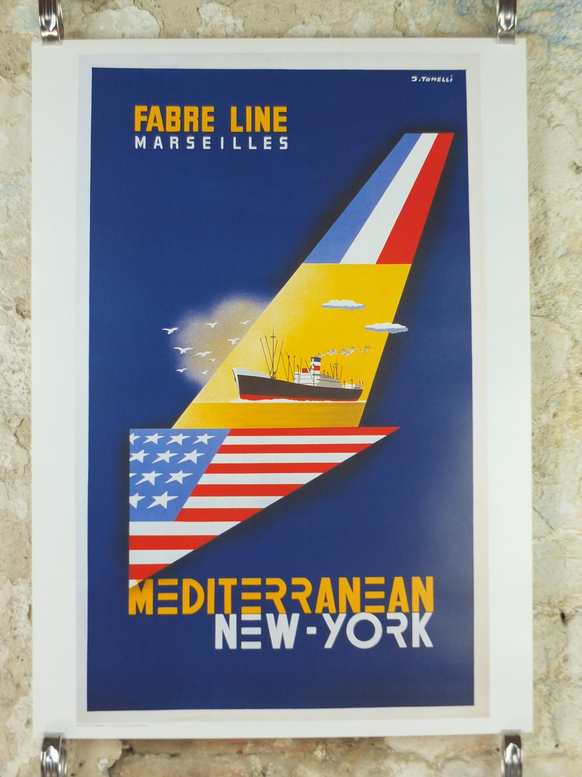 1997 Mediterranean Cruise Travel Poster, France to New York by J Tonelli, Europe, Fabre Line Marsellies, Cruise Advertising, wall art decor