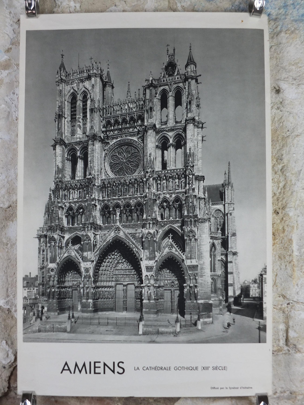 1950s Amiens Cathedral France Poster, Gothic Church printed by French Tourist Office, monochrome travel wall art decor
