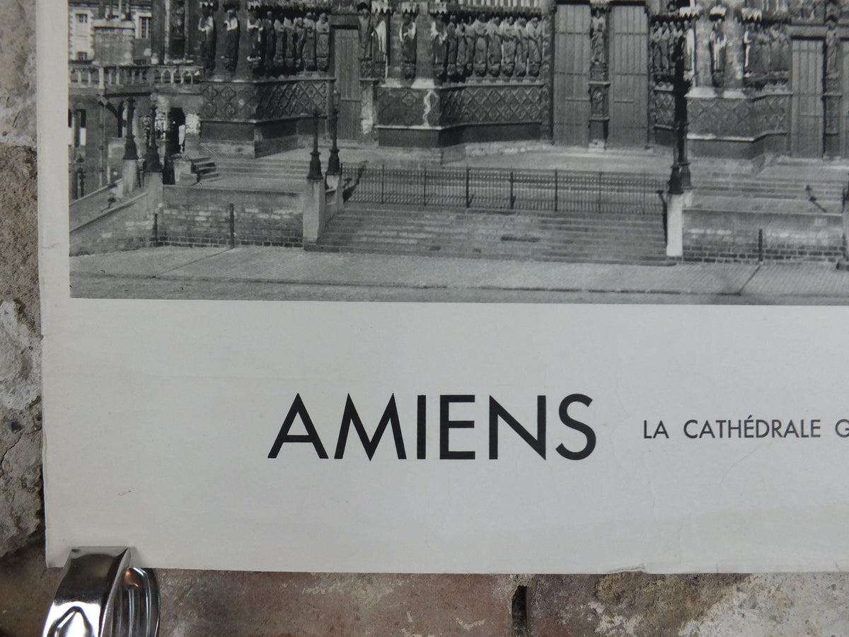 1950s Amiens Cathedral France Poster, Gothic Church printed by French Tourist Office, monochrome travel wall art decor