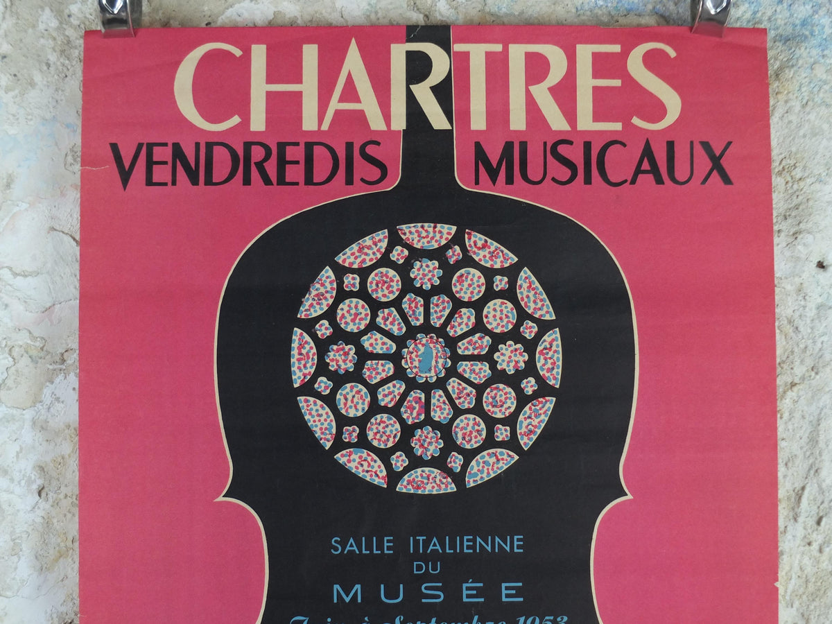 1953 Chartres Musical Fridays Poster, Vendredis Musicaux, by Paul Chonneaux, Cello outline, Paris, music wall art decor