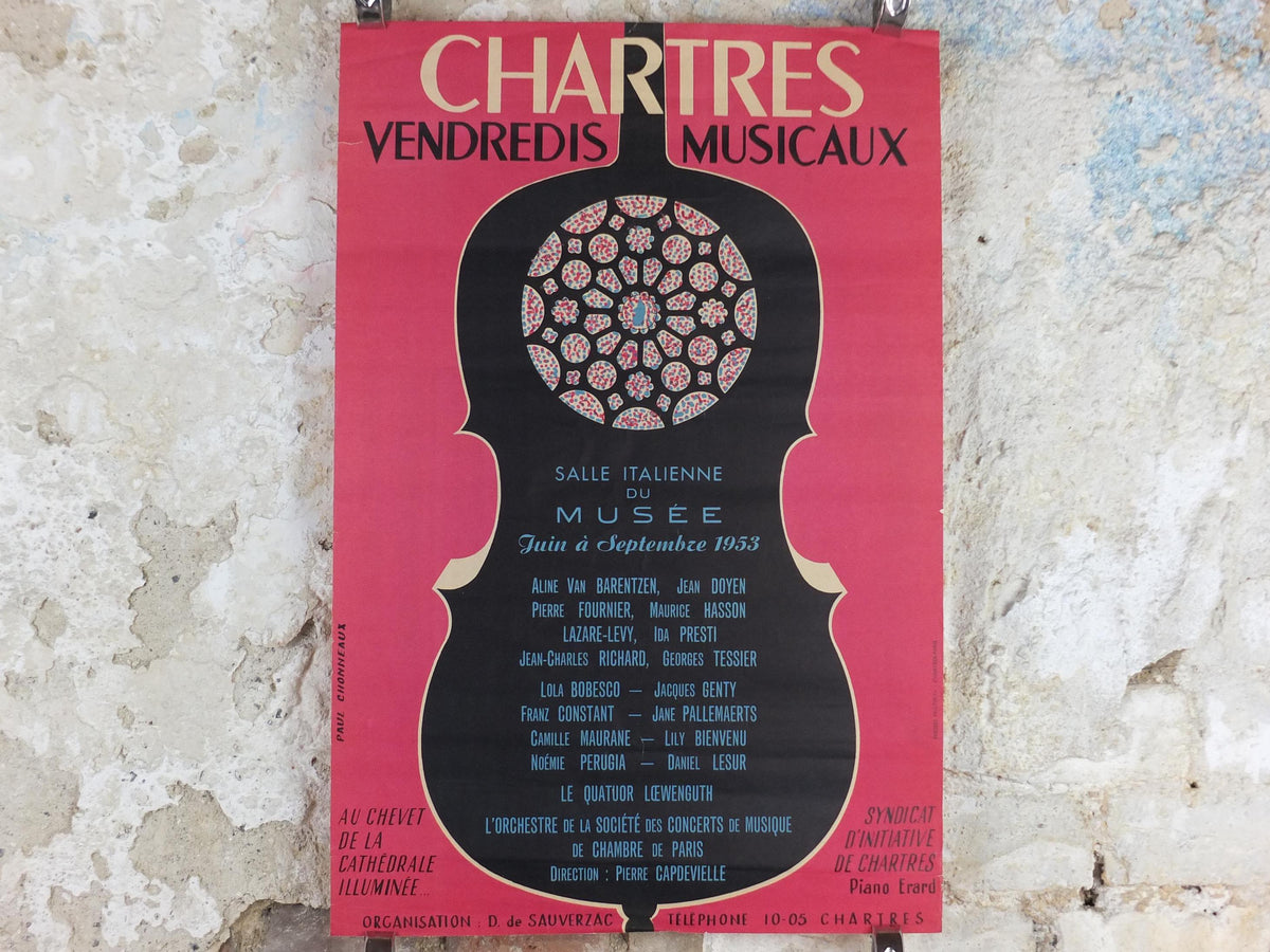1953 Chartres Musical Fridays Poster, Vendredis Musicaux, by Paul Chonneaux, Cello outline, Paris, music wall art decor