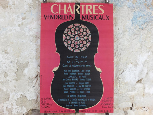 1953 Chartres Musical Fridays Poster, Vendredis Musicaux, by Paul Chonneaux, Cello outline, Paris, music wall art decor