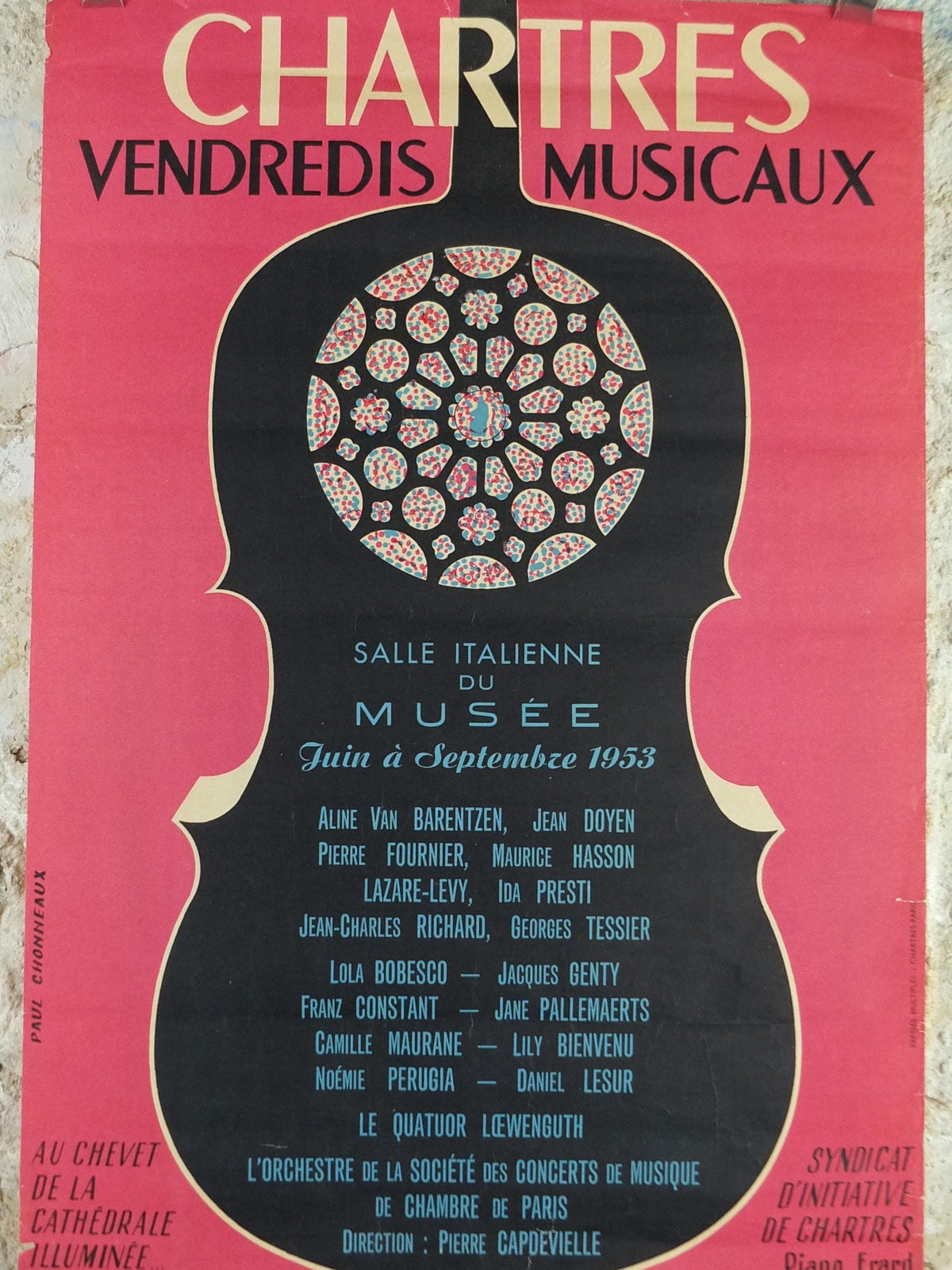 1953 Chartres Musical Fridays Poster, Vendredis Musicaux, by Paul Chonneaux, Cello outline, Paris, music wall art decor