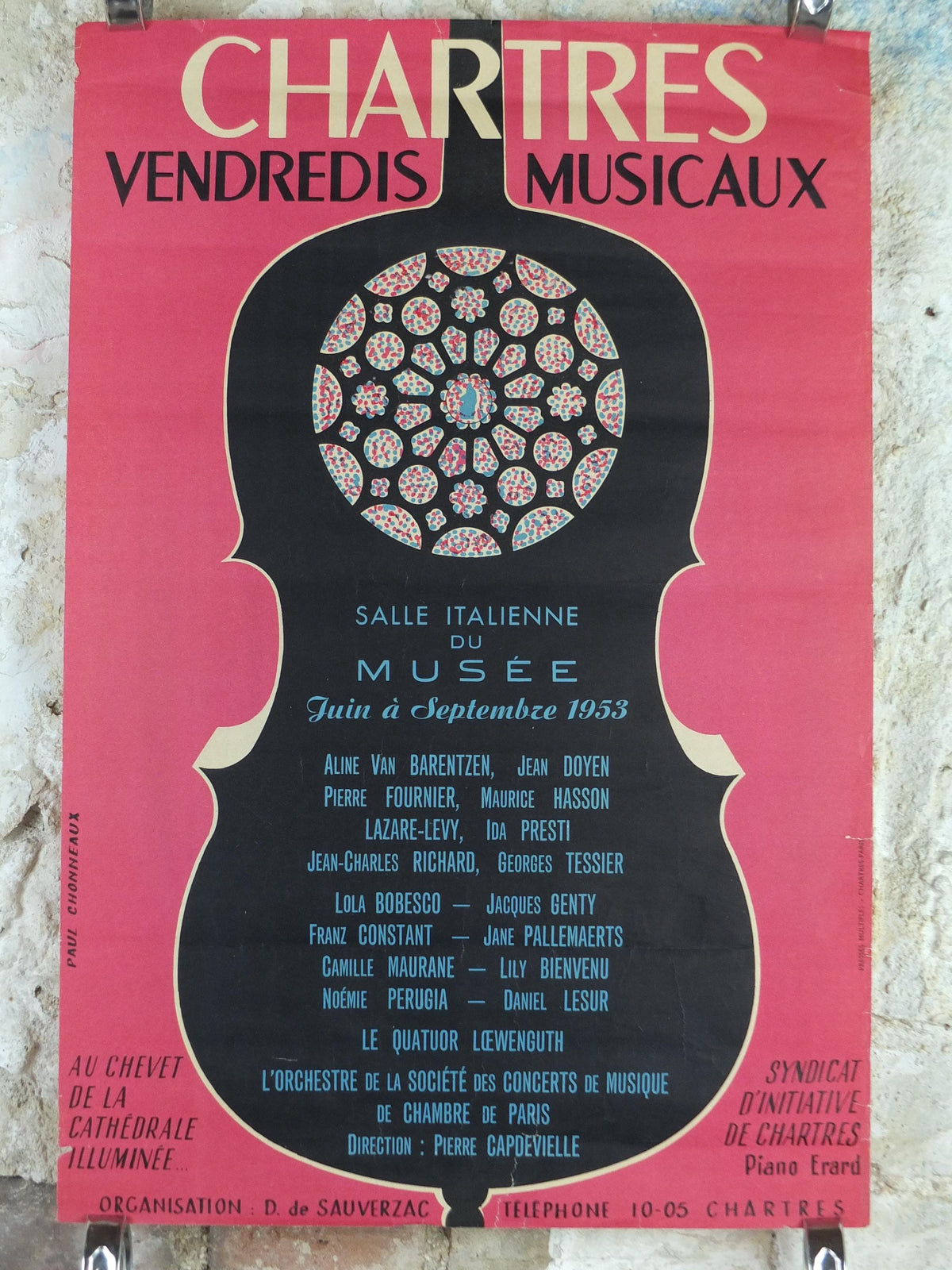 1953 Chartres Musical Fridays Poster, Vendredis Musicaux, by Paul Chonneaux, Cello outline, Paris, music wall art decor