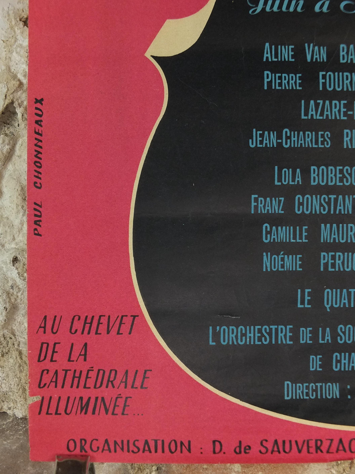 1953 Chartres Musical Fridays Poster, Vendredis Musicaux, by Paul Chonneaux, Cello outline, Paris, music wall art decor